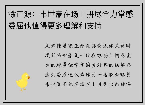 徐正源：韦世豪在场上拼尽全力常感委屈他值得更多理解和支持